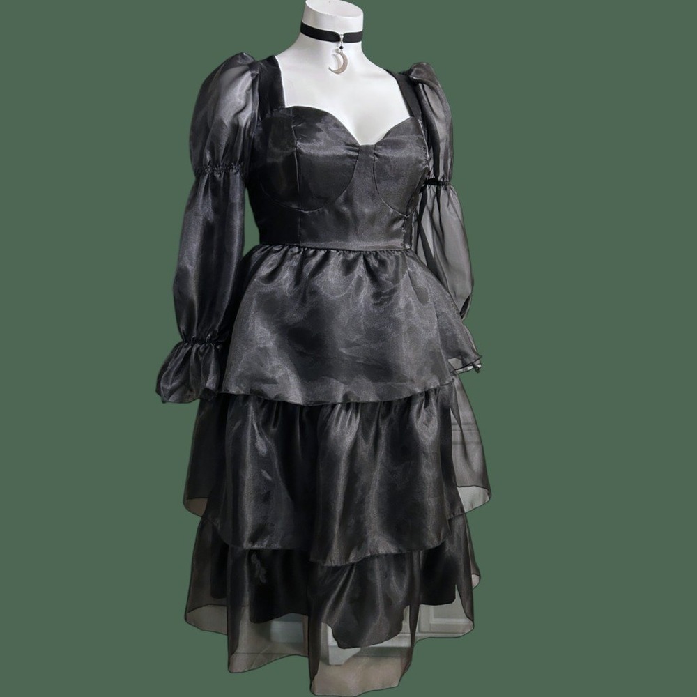3x Black Organza Puff Sleeve Sweetheart Midi Dress Plus Size Costume Formal